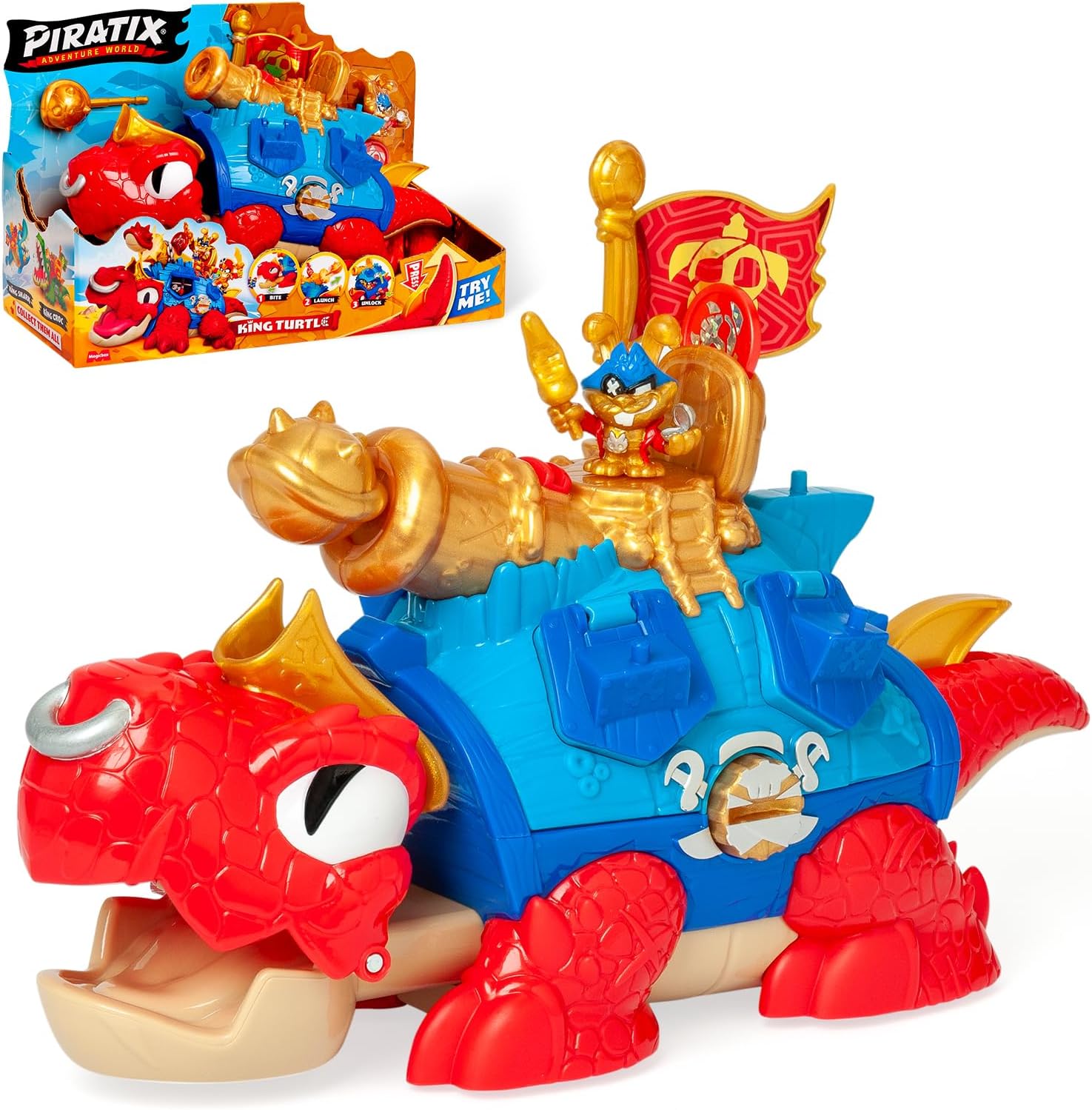 PIRATIX King Turtle – Tortuga articulada para capturar Piratix y con un cofre para guardar tesoros. Contiene 1 cocodrilo,1 tesoro exclusivo, 2 tesoros dorados extras, 1 Piratix exclusivo y 1 accesorio
