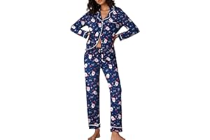 Ekouaer Piżama damska dwuczęściowa długa zapinana na guziki miękka bawełniana piżama Top i spodnie od piżamy XS-XXL