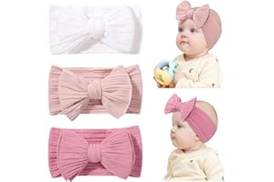 Jollybows 3 Piezas Diadema Bebe Niña, Nailon Diademas Elástica de Bebé Recién con Lazo Banda para Cabeza para Niñas Bebé Pelo Accesorio (Blanco Rosa)