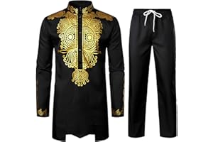 LucMatton Men's African 2 Piece Set Long Sleeve Gold Print Dashiki and Pants Outfit Traditional Suit