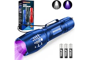 MOWETOO Latarka, lampa UV 2 w 1, czarne światło, 395 nm, ultrafioletowe 4 tryby, detektor banknotów, moczu psów i innych zwierząt domowych, 3 baterie AAA 40 W, niebieska