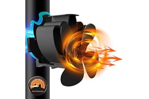 VAZILLIO Magnetisch Kaminventilator 4 Flügel Ofenventilator Ohne Strom Leiser Kaminlüfter für Kamin/Ofen/Holz/Ofenrohr Mit 2pcs Magnete & Ersatzring & Temperaturbalken