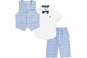 LOLANTA 4-Piece Kids Waistcoat Suit, Boys Wedding Party Shorts Set, Page Boy Outfit, Shirt, Bow Tie, Shorts, Waistcoat