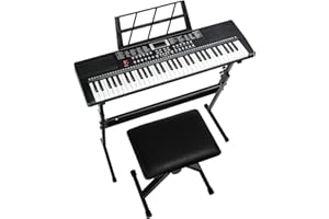 LEADZM Clavier Piano 61 Touches, Piano Numérique avec Support de Clavier, Banc de Piano, Pupitre, Casque, Microphone, Écran LED, 3 Modes D'apprentissage pour Débutants (Noir)