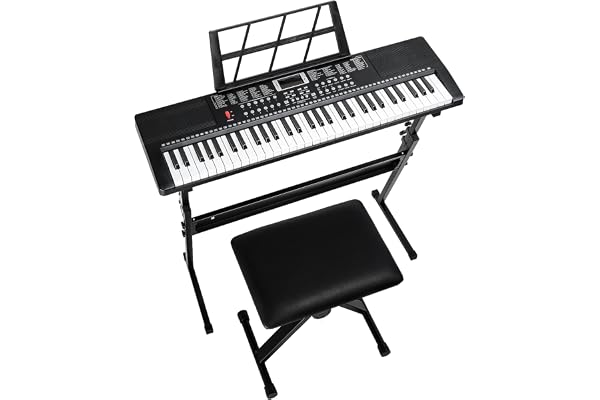 LEADZM Clavier Piano 61 Touches, Piano Numérique avec Support de Clavier, Banc de Piano, Pupitre, Casque, Microphone, Écran LED, 3 Modes D'apprentissage pour Débutants (Noir)