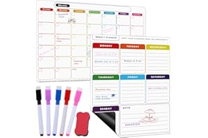 SUVSOON Refrigerator Magnetic Month + Week Planner Whiteboard, Dry Erase Calendar Whiteboard, Kitchen Fridge Grocery/to Do Management, Includes 5 Markers and 1 Eraser