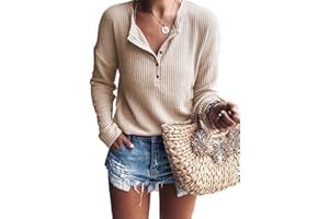 WNEEDU Camiseta Manga Larga Mujer Suelta Jersey Suéter Ligera Cuello en V Blusa Gofres Tejido Henley Camisas con Botones