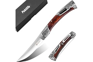 Poktlife Navaja Plegable,Navaja de Acero Inoxidable de Bolsillo con tallados patrón Retro Mango de Metal y Madera,Supervivencia Navaja,para Acampar,Picnic,Caza (Madera Roja)
