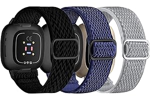 Nigaee 3 Pack Elastic Nylon Straps Compatible for Fitbit Versa 4/Versa 3/Sense 2/Sense Strap, Stretchy Adjustable Fabric Breathable Replacement Straps for Women Men