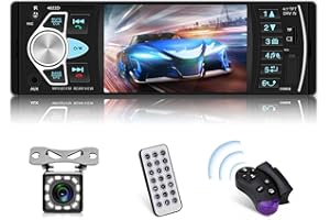 Podofo 1 Din 4.1 Pollici Autoradio con Schermo HD con kit Vivavoce Bluetooth/USB/FM/SD/AUX/Telecamere di Retromarcia (12 luci)/ Telecomando al Volante