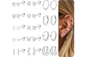 Adramata 14 Pairs Boucles d'Oreilles Femme Or Argent Hypoallergéniques Boucle d Oreille Acier Inoxydable Creoles Or Argent Boucle d'Oreille Clous Petites Cartilage Tragus Helix Piercing Oreille