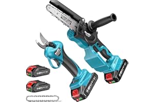 SEESII 6 Pouces Mini Tronçonneuse & 33 mm Sécateur Électrique Sans Fil, 2-en-1 Kit Outil de Jardin avec 2 × 2000 mAh Batteries, Moteur Brushless, Idéal pour Coupe de Troncs et Branches