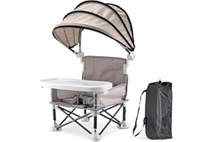 BREEZENEST Baby Folding Dining Chair with Canopy and Removable Tray Portable Baby High Chair Foldable Toddler Feeding Seat Travel Booster Chair for Indoor, Outdoor, Camping, Beach, and Lawn (Grey)