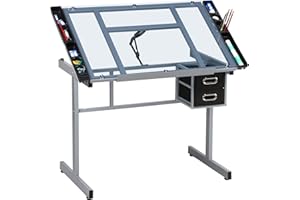 Yaheetech Mobile Drawing Table Tiltable Craft Table with Storage Drawers, Artist Glass Painting Drawing Desk Study Table with Adjustable Tabletop for Artwork, Multi-Function Art Desk
