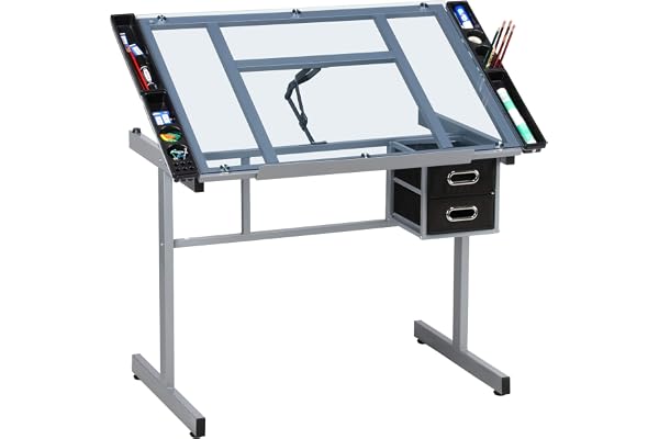 Yaheetech Ritbord höj- och sänkbart skrivbord med lutbar bordsskiva arkitektbord 2 lådor för arkitekter/konstnärer/målare kontorsbord 90 cm L × 60 cm B