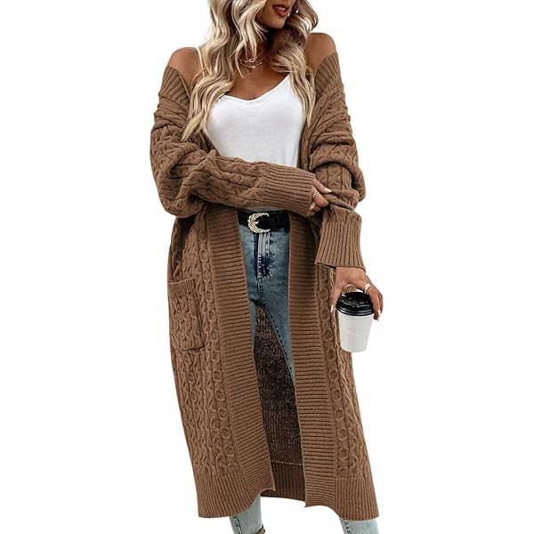 Imily Bela Gebreid vest voor dames met capuchon, langarm, grof gebreid cardigan, open voorkant, sweater voor herfst en winter, casual gebreid vest, pullover, legergroen, S