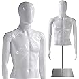 Male Mannequin Torso, Adjustable Height and Detachable Arms Dress Form Display with Metal Stand, Glossy White, for Sweaters, T-Shirts, Jackets, Polo, Tux, Sui