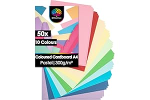 OfficeTree 50x Pastel Paper A4-300 g/m² - 10 Pastel Colours - Pastel Card Paper - Coloured Paper A4 - A4 Coloured Card - Crafting Card Paper for Kids - Craft Card Pastel