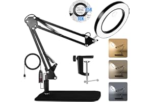 TIEXITOR 15X 10X Magnifying Glass with Light and Stand, 2 in 1 Magnifying Desk Lamp with Clamp & Base, 3 Color Modes Dimmable with Swing Arm, LED Lighted Magnifier Light for Reading, Repair, Crafts, Close Work