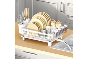JOUING Scolapiatti da Appoggio Scolapiatti da Lavellocon Drenaggio Automatico Scolapiatti in Metallo con Vassoio Dish Rack con Porta Posate e Portabicchieri (Bianco, Grande)