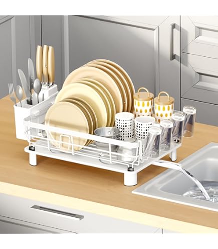 égouttoir à Vaisselle Blanc Amig - Égouttoir Vaisselle Graz 42x31,5x15 Cm - Acier Blanc, Poignées Bois - Bac égouttement - 10 Assiettes Support Couverts Amovible