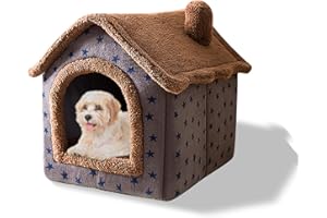 Galatée Cama De Cueva De Gato, Cama Lavable para Perros, Iglú De Felpa Cálida y Acogedora para Gatos, Casa para Mascotas Plegable, Cama para Mascotas con Fondo Antideslizante(M, Estrellas Marrones)