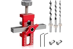 OJMHD Cabinet Door Mounting Jig, Adjustable Hardware Positioner Tool with 3 Drill Bits, Aluminum Alloy Mount Cabinet Installation Locator, Woodworking Drilling Holding Clip for Quick and Accurate Setup, Red