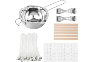 NLONLL Kit de Fabrication de Bougies 1 Fondoir à Cire 400ml, 50 Mèches de Bougie, 50 Autocollants pour Mèches de Bougie, 2 Supports en Métal Mèches Bougies DIY pour Débutants et Adultes