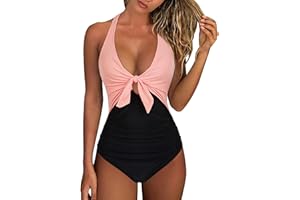 DOULAFASS Badeanzug Damen V-Ausschnitt Sexy Bademode Bauchweg Badeanzug Neckholder Einteiliger Swimsuit