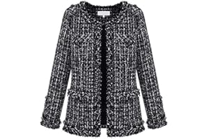 GOOLECRIMP Veste en Tweed décontractée pour Femmes Automne élégant vêtements de Travail boutonnés à Carreaux Noir et Blanc Veste de Bureau Revers sans col Veste en Tweed Formelle