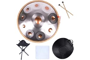WYZCHDM Handpan Drum Instrument In D Minor 22 Inches Steel Hand Pan Drums, 432 hz Steel Drum Hand Pan, With Handpan Bag, Drum Tripod, For Professional Audio Production 10Tones silver