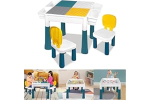 YARDIN Juego de Mesa para niños 6 en 1 Mesa Infantil con 2 sillas, Tablero de Doble Cara, Bloques de construcción, Mesa de Juego, con Espacio de Almacenamiento Multifuncional para niños