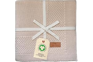 DIKOS Kocyk dziecięcy z bordiurą (ciepły taupe) – dziergany z miękkiej 100% bawełny ekologicznej (GOTS & Oeko-Tex) – oddychający koc dla noworodków, chłopców i dziewczynek – piękny prezent z okazji