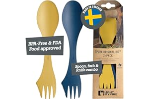 Light My Fire Spork Original 2-Pack 3-in-1 Camping Accessories Knife Fork Spoon Set, Survival Camping Gifts for Scouts, Reusable Travel Cutlery Set, Quality Plastic Cutlery BPA Free Sporks Yellow/Blue