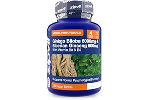 Zipvit Ginkgo Biloba 6000mg & Siberian Ginseng 600mg with Vitamin B3 & B5, Supports Energy & Mental Performance. 4 Months Supply, 120 Vegan Tablets, 1 a Day.