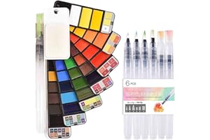 Fuumuui Set di Colori ad acquerelli 42 Colori con 6 Pezzi Set di pennelli a Penna ad Acquerello, Set da Viaggio Professionale da Taschino per Pittura, Set di acquerelli Solidi Portatili.