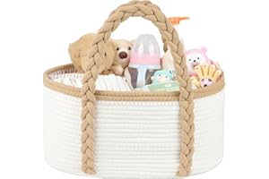 danpinera Baby Nappy Caddy Organiser – 100% Cotton Nursery Basket with Removable Dividers & Braided Handles, Portable Baby Caddy for Changing Table, Nappy Storage & Travel White&Jute