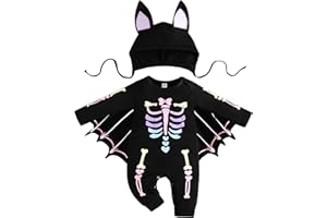 LIKPOJA Newborn Baby Boy Girl My 1st Halloween Bat with the Skeleton Outfits Unisex Baby One-piece Skull Bat Romper with Hat for 0-24 Months Infant