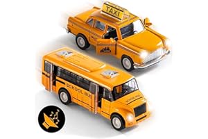 Top Race Metalowy odlew szkolny autobus i taksówka wyciągana bateria zasilana światłem i dźwiękiem skala 1:32 zestaw 2 szt