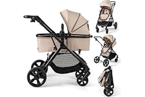 COSTWAY 2 in 1 Baby Pushchair, Foldable Travel System Pram with Reversible Seat, Adjustable Canopy & Handle, Storage Basket, Cup Holder, Lightweight Infant Stroller for 0-36 Months (Beige)