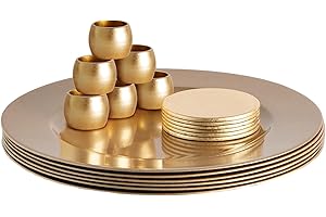 Argon Tableware Metallic Charger Plates, Coasters & Napkin Rings Set - Gold - 18pc - 33cm - Reusable Dining Table Setting Plates Drink Placemats Napkin Holders for Christmas, Party Celebrations