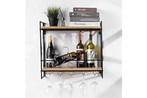 Tinyuet Weinregal Wand mit Glashalter, 55×51cm Rustikaler Metall-Weinhalter, 2-stufiges Holz-Weinregal mit 5 Weinglashaltern, Wandmontage Weinregal für Küche, Zuhause