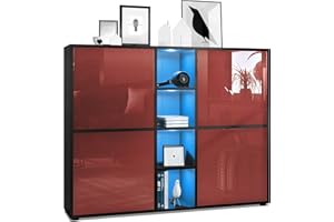Vladon Credenza Cuba V3, nero opaco/bordeaux lucido incl. LED - Credenza moderna con 12 scomparti (130,5 x 105,5 x 35,5 cm)