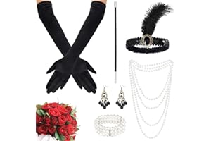 FUKPO 6 Piezas Disfraz Años 20 Mujer Charleston con Diadema, Guantes, Collar de Perlas, Pendientes y Boquilla, Complementos Gatsby