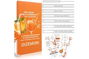 OIZEMORI 6 Stück 20cm Glasstrohhalme Aperol Spritz, Wiederverwendbar Glas Strohhalm Aperol Spritz Geschenkset mit Reinigungsbürste und 3 Rub On Sticker, für Cocktails, Smoothie und Säfte