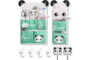 pandaonly 2 Wall Hanging Storage Bag,Linen Cotton Fabric Waterproof Pocket Organizer Bag with 6 Hooks,Over the Door/Wall for Bedroom Bathroom Closet Home Organizer