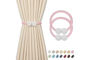DPROFY 2 Pieces Magnetic Curtain Tie Backs - 19" Long Pearl Ball Curtain Magnetic TieBacks, European Drapes Clips Rope Holdbacks for Home, Office, Hotel Window Decorative, Pink