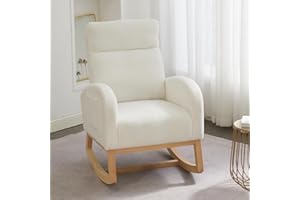 DEKKETO Teddy Nursing Rocking Chairs for Adults, Nursery Rocking Chair for Mum, High Backrest Boucle Armchairs with Wood Base and Side Pocket, Comfy Glider Chair for Living Room Bedroom, Ivory