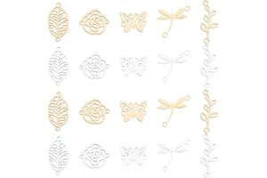 SUNNYCLUE 1 Boîte 20Pcs 5Styles 15mm Connecteurs en Acier Inoxydable Charmes Fleur Feuille Pendenti Creux Papillon Libellule Liens avec Double Boucles pour Artisanat Faire Fournitures Grande taille
