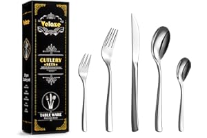 Velaze 30-Piece 18/10 Stainless Steel Cutlery Set, Knife and Fork Sets, Cutlery Set for 6 People Include Dinner Spoon, Dessert Fork, Knife and Tea Spoon, Mirror Polished Design